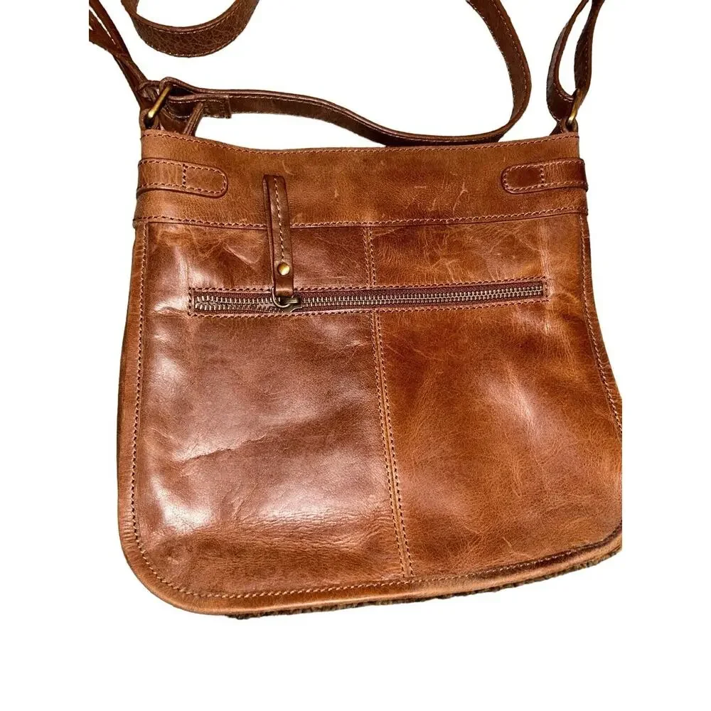 Diba True Women Brown Leather Zipper‎ Outer Pockets Crossbody Strap Shoulder Bag